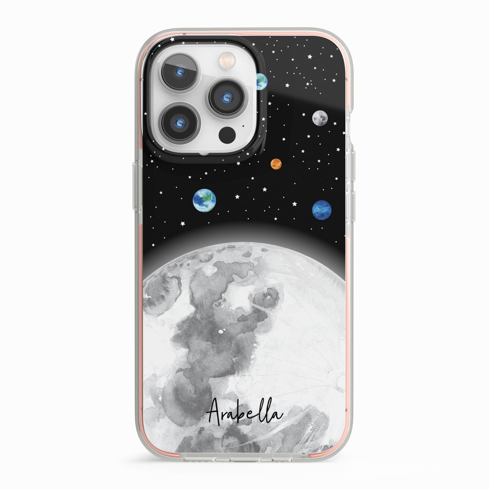 Watercolour Close up Moon with Name iPhone 13 Pro TPU Impact Case with Pink Edges