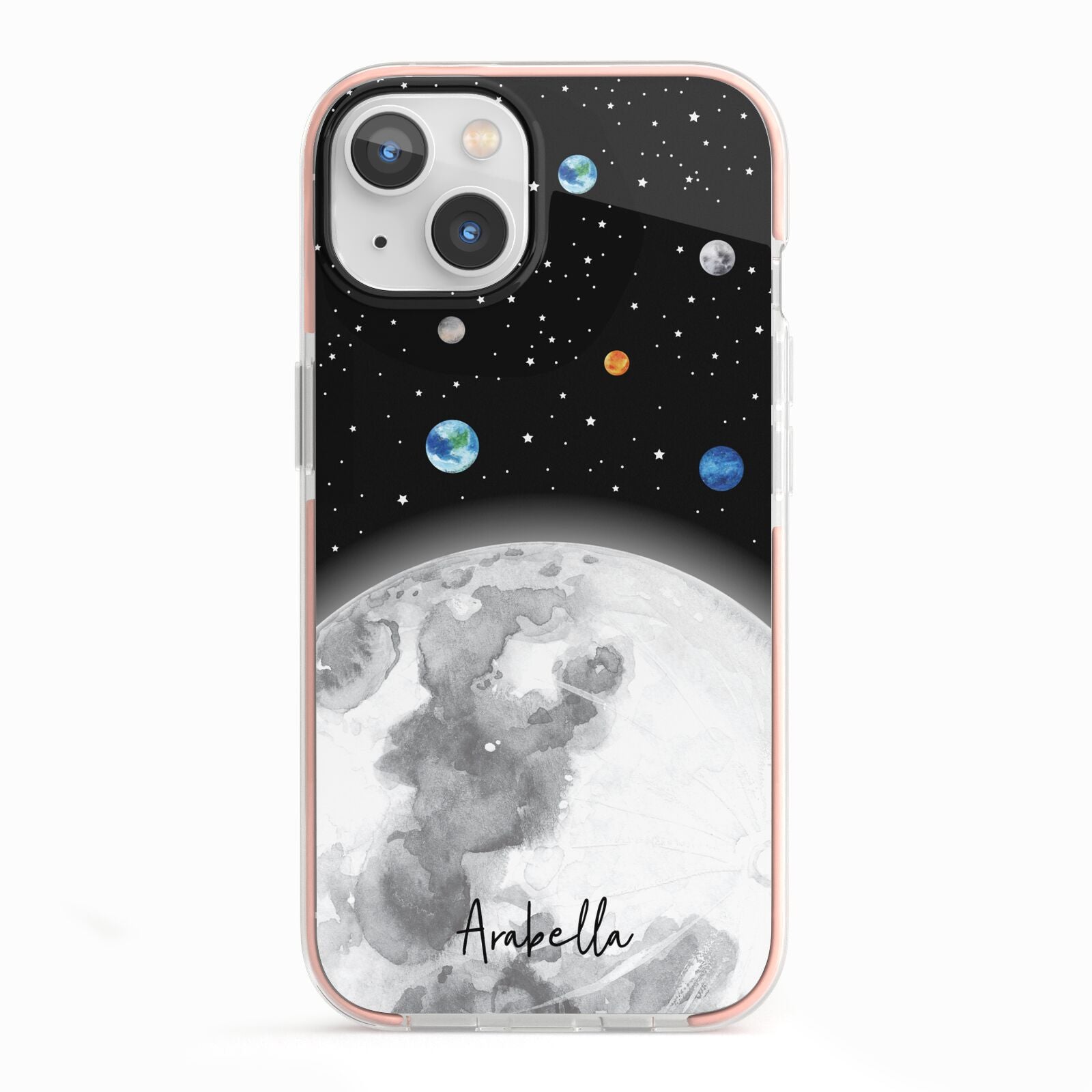 Watercolour Close up Moon with Name iPhone 13 TPU Impact Case with Pink Edges