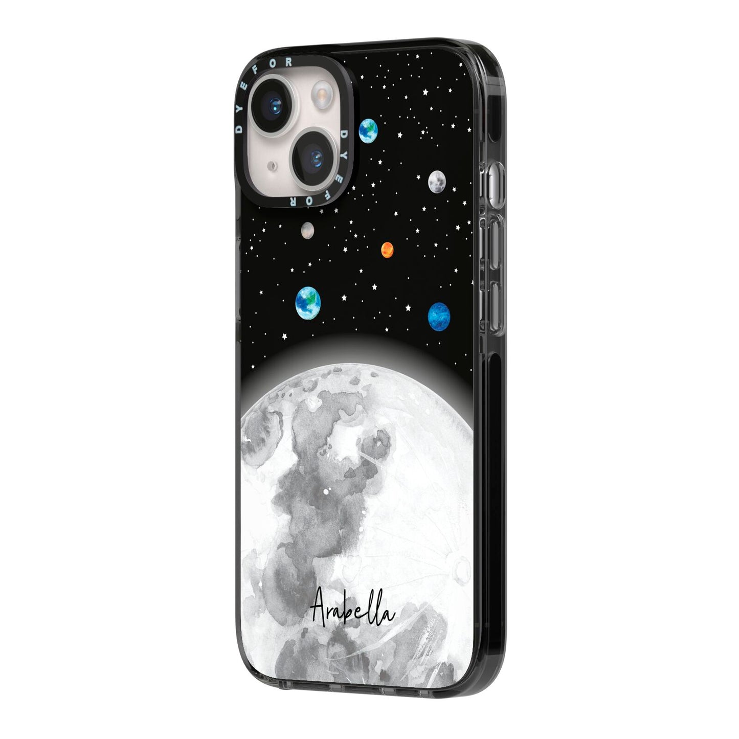 Watercolour Close up Moon with Name iPhone 14 Black Impact Case Side Angle on Silver phone