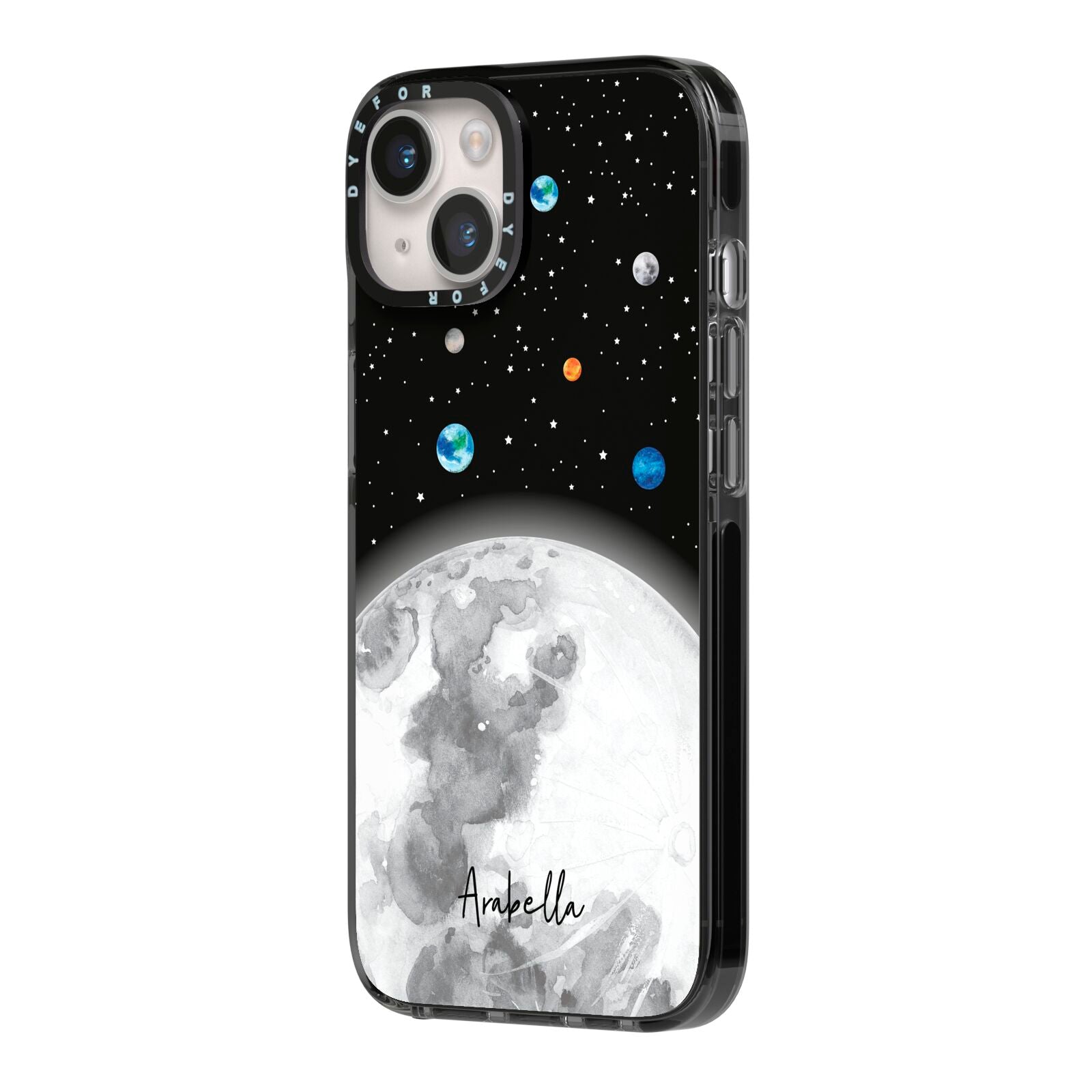 Watercolour Close up Moon with Name iPhone 14 Black Impact Case Side Angle on Silver phone