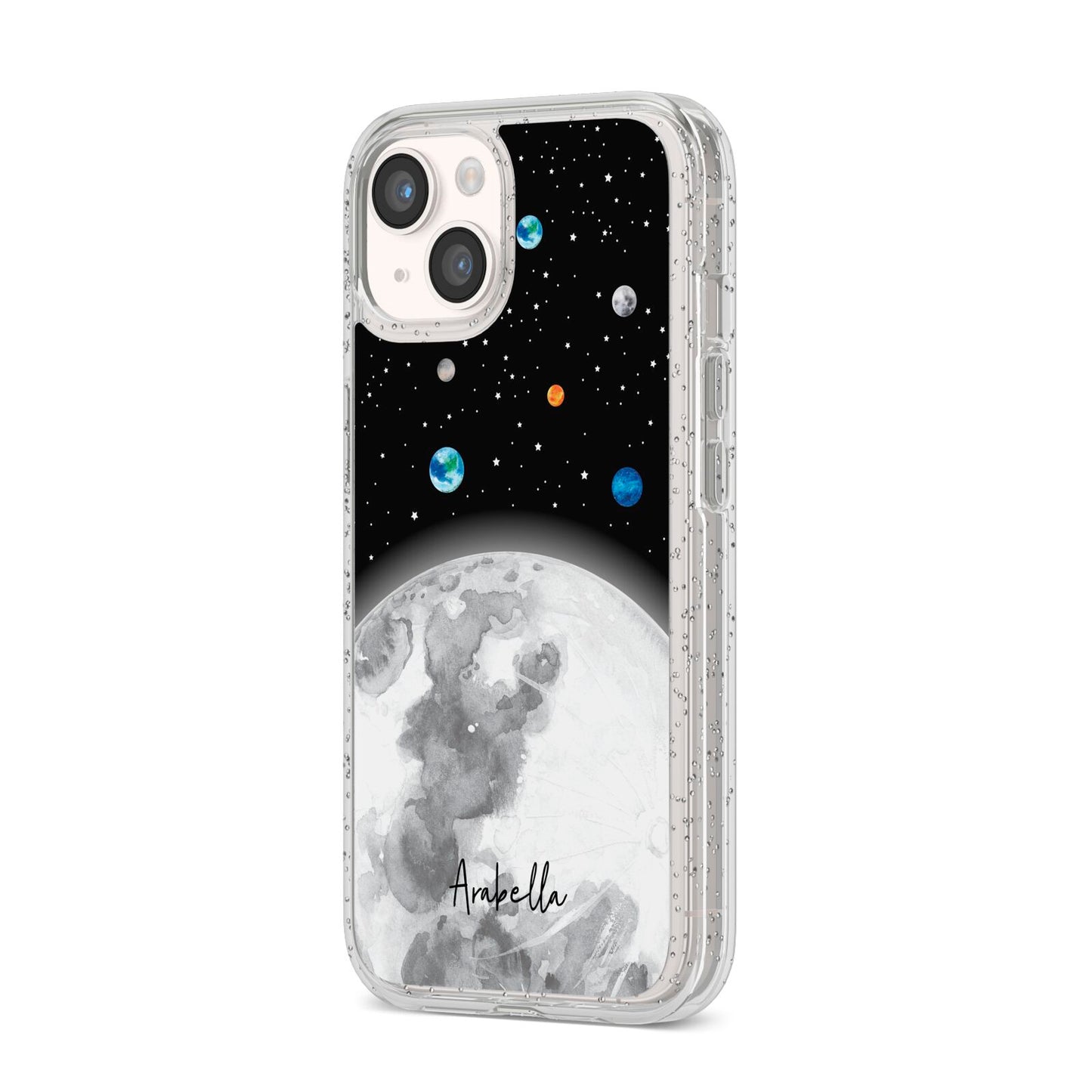 Watercolour Close up Moon with Name iPhone 14 Glitter Tough Case Starlight Angled Image