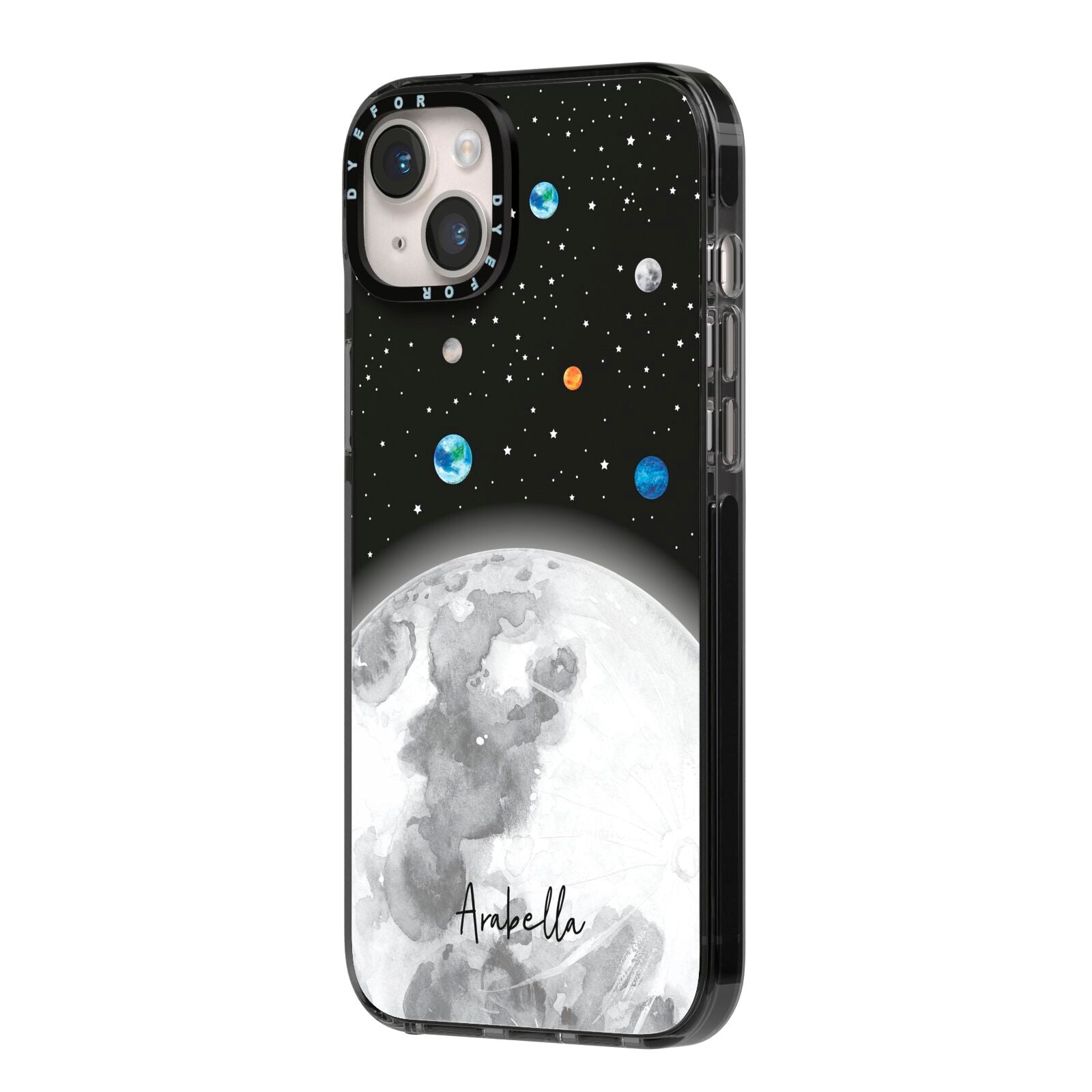 Watercolour Close up Moon with Name iPhone 14 Plus Black Impact Case Side Angle on Silver phone