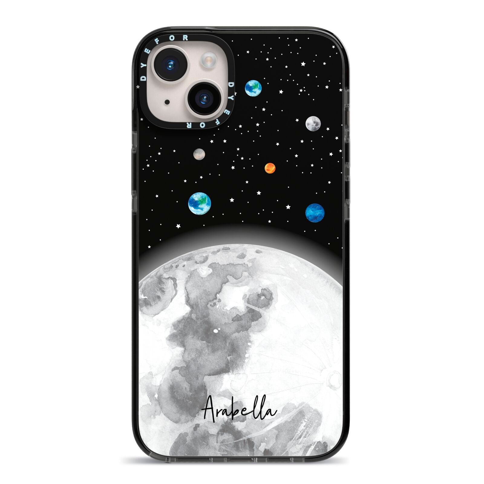 Watercolour Close up Moon with Name iPhone 14 Plus Black Impact Case on Silver phone