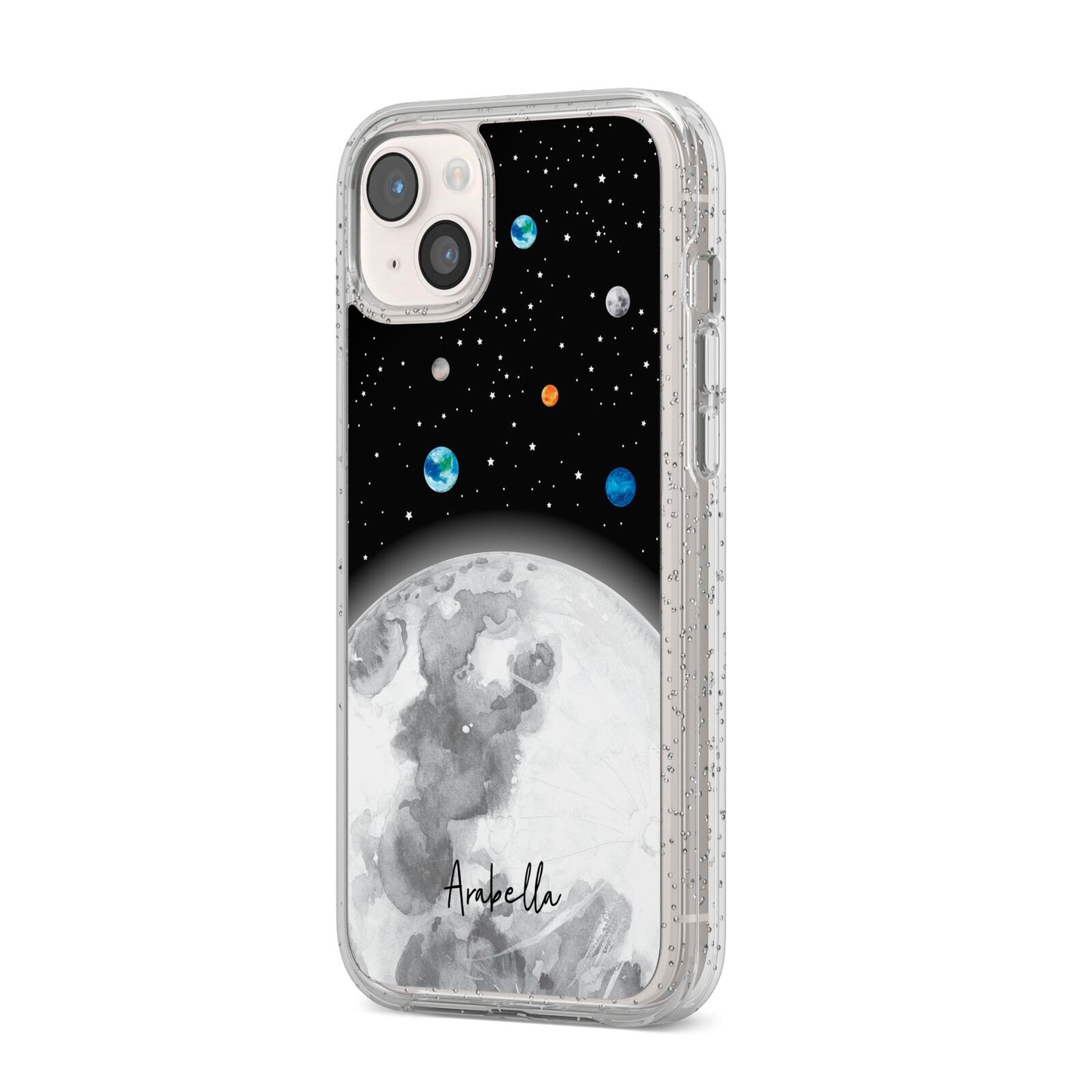 Watercolour Close up Moon with Name iPhone 14 Plus Glitter Tough Case Starlight Angled Image
