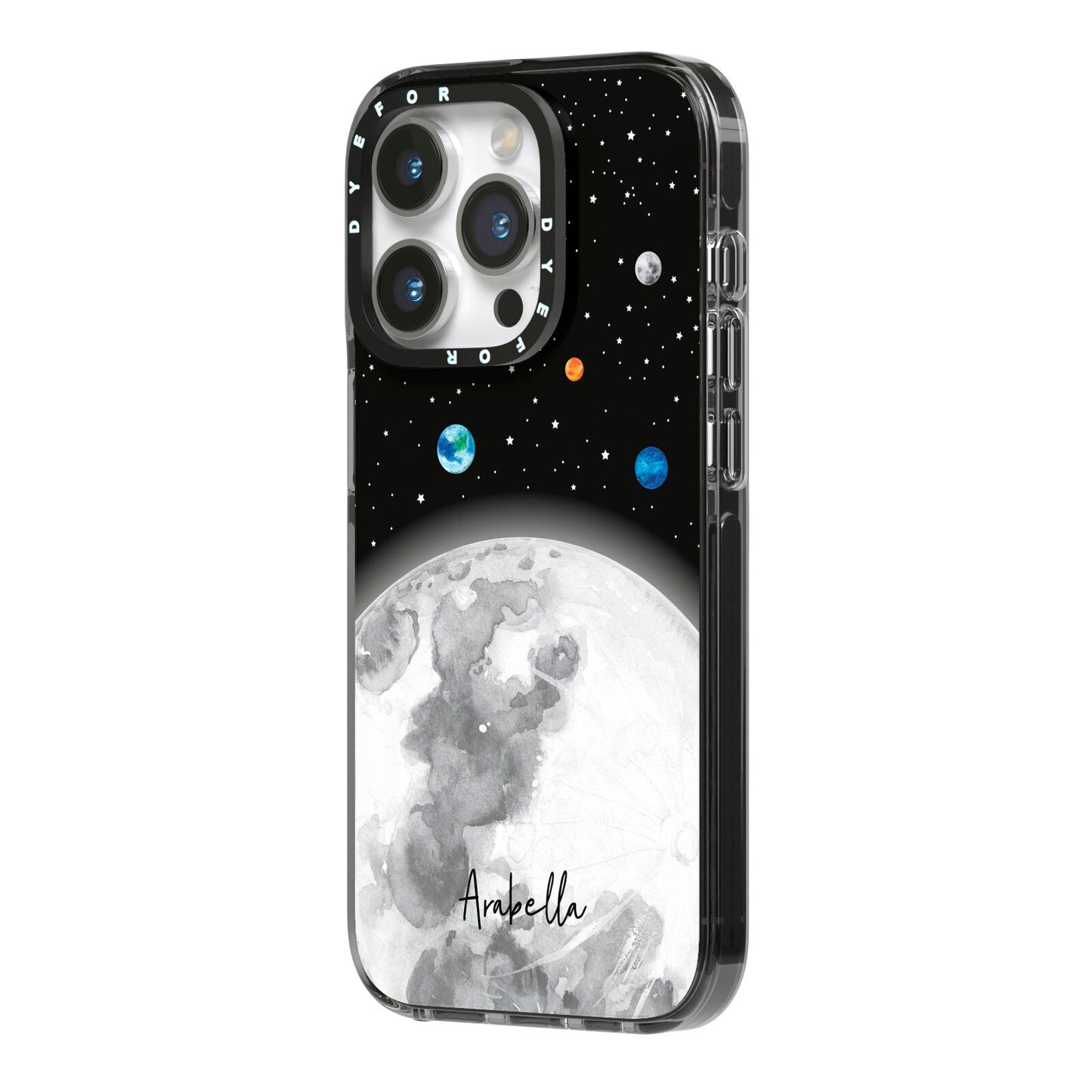 Watercolour Close up Moon with Name iPhone 14 Pro Black Impact Case Side Angle on Silver phone