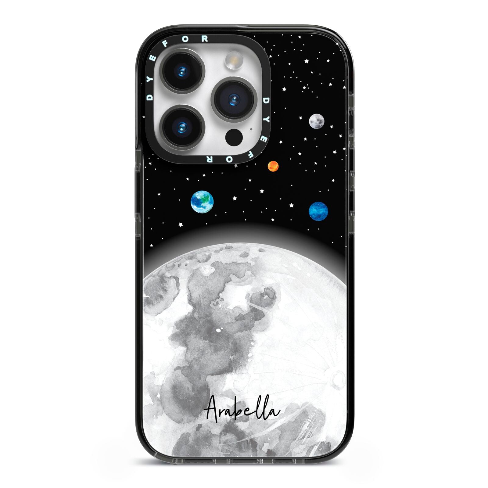 Watercolour Close up Moon with Name iPhone 14 Pro Black Impact Case on Silver phone