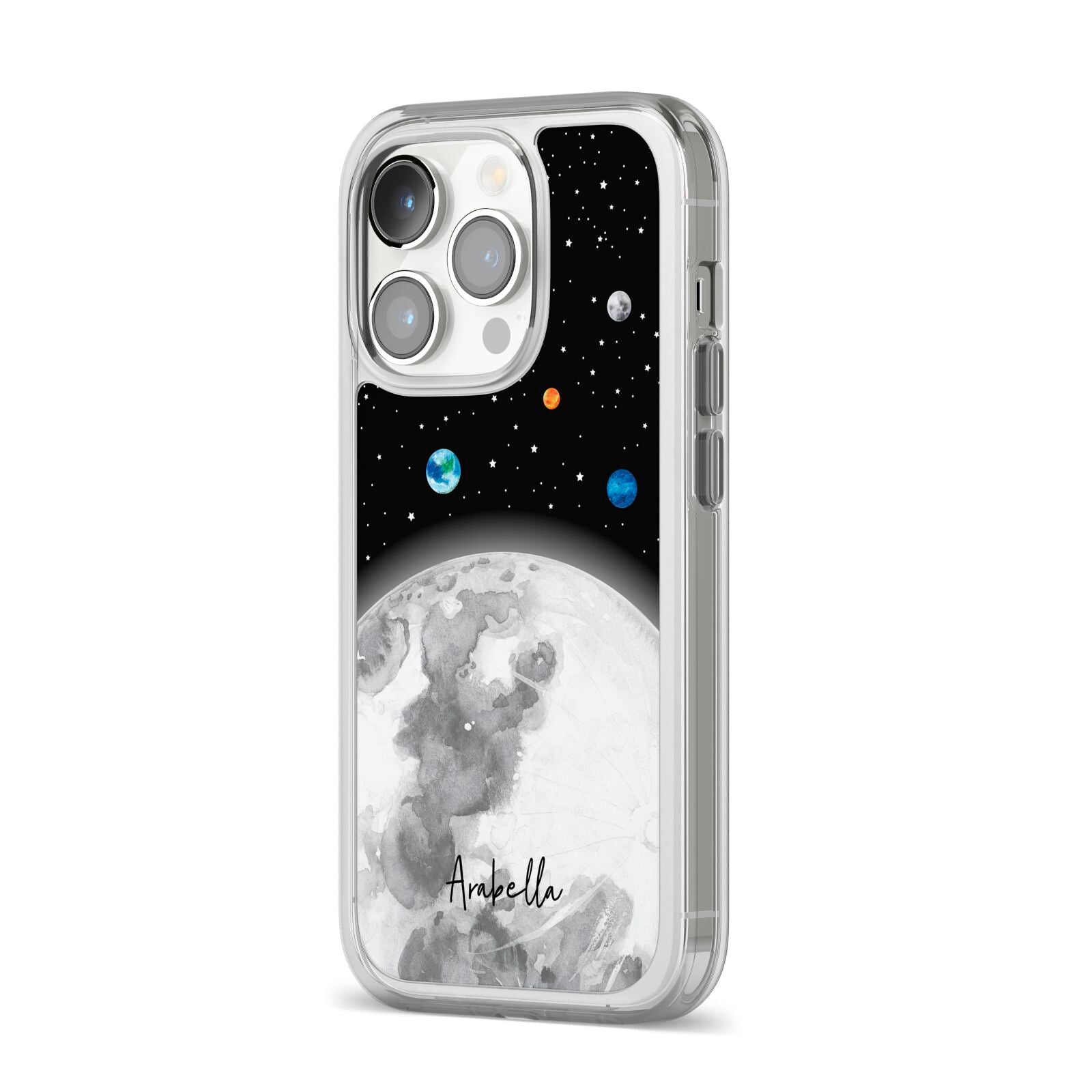 Watercolour Close up Moon with Name iPhone 14 Pro Clear Tough Case Silver Angled Image