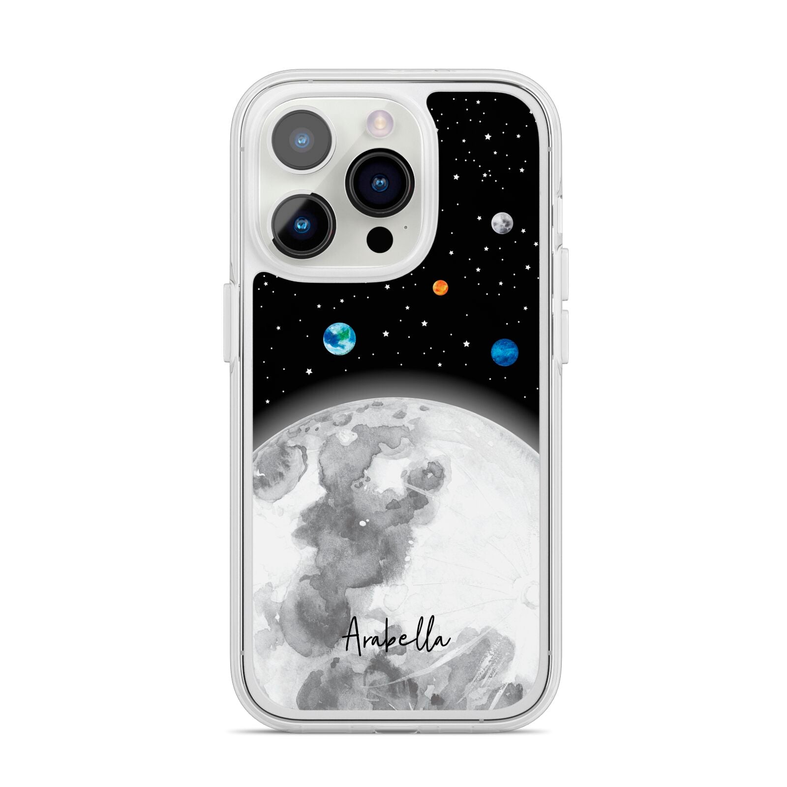Watercolour Close up Moon with Name iPhone 14 Pro Clear Tough Case Silver