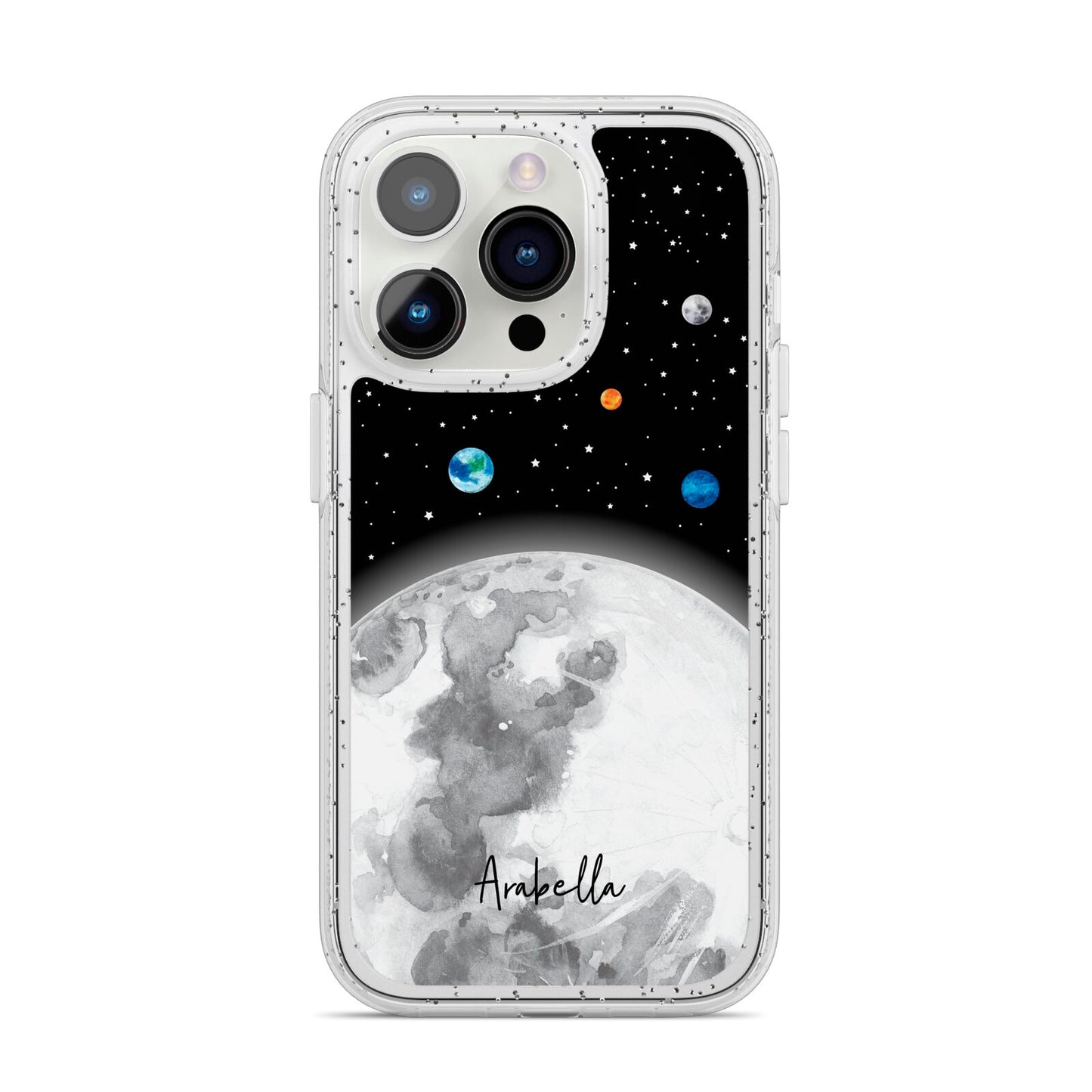 Watercolour Close up Moon with Name iPhone 14 Pro Glitter Tough Case Silver