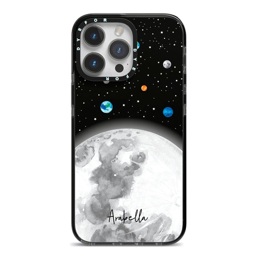 Watercolour Close up Moon with Name iPhone 14 Pro Max Black Impact Case on Silver phone