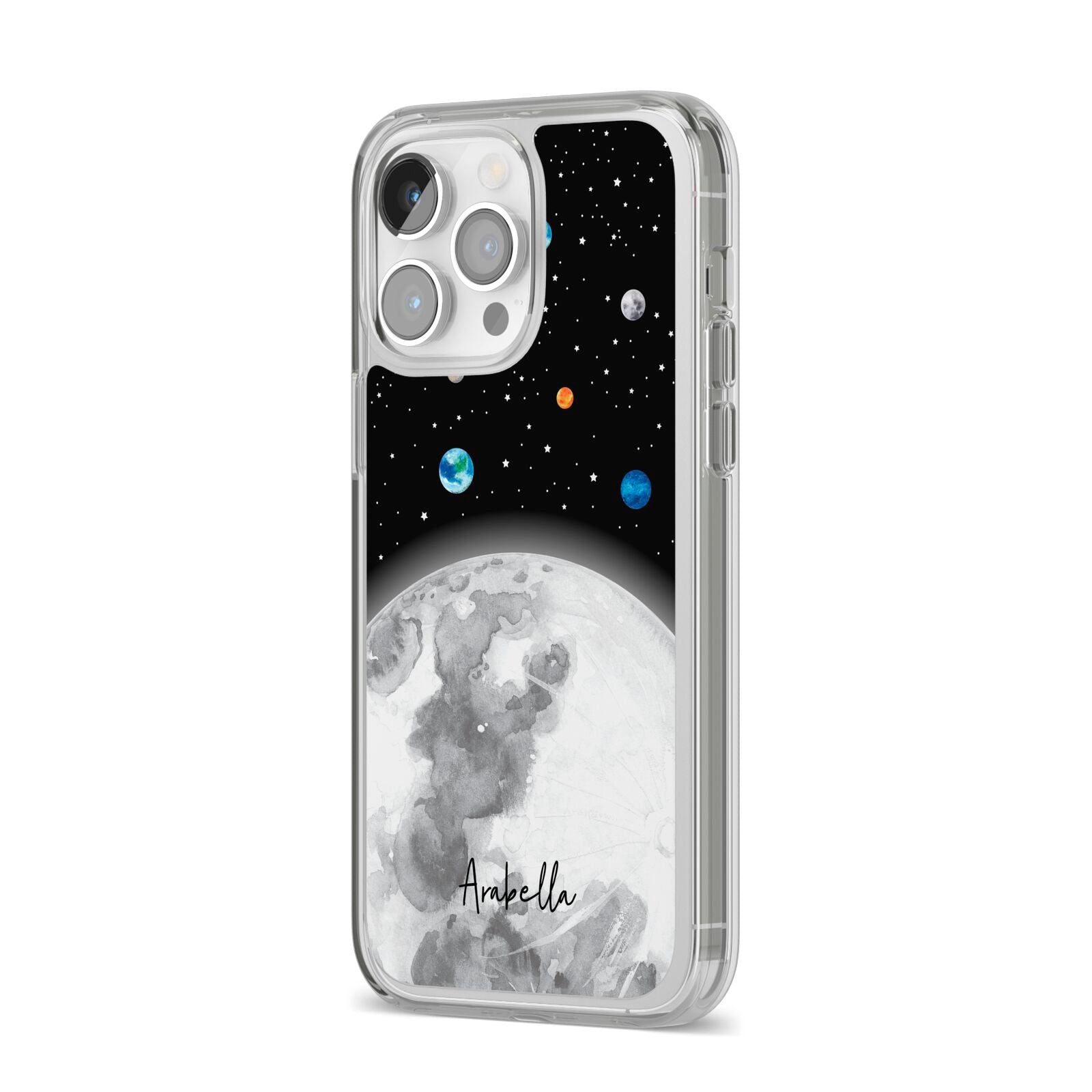 Watercolour Close up Moon with Name iPhone 14 Pro Max Clear Tough Case Silver Angled Image