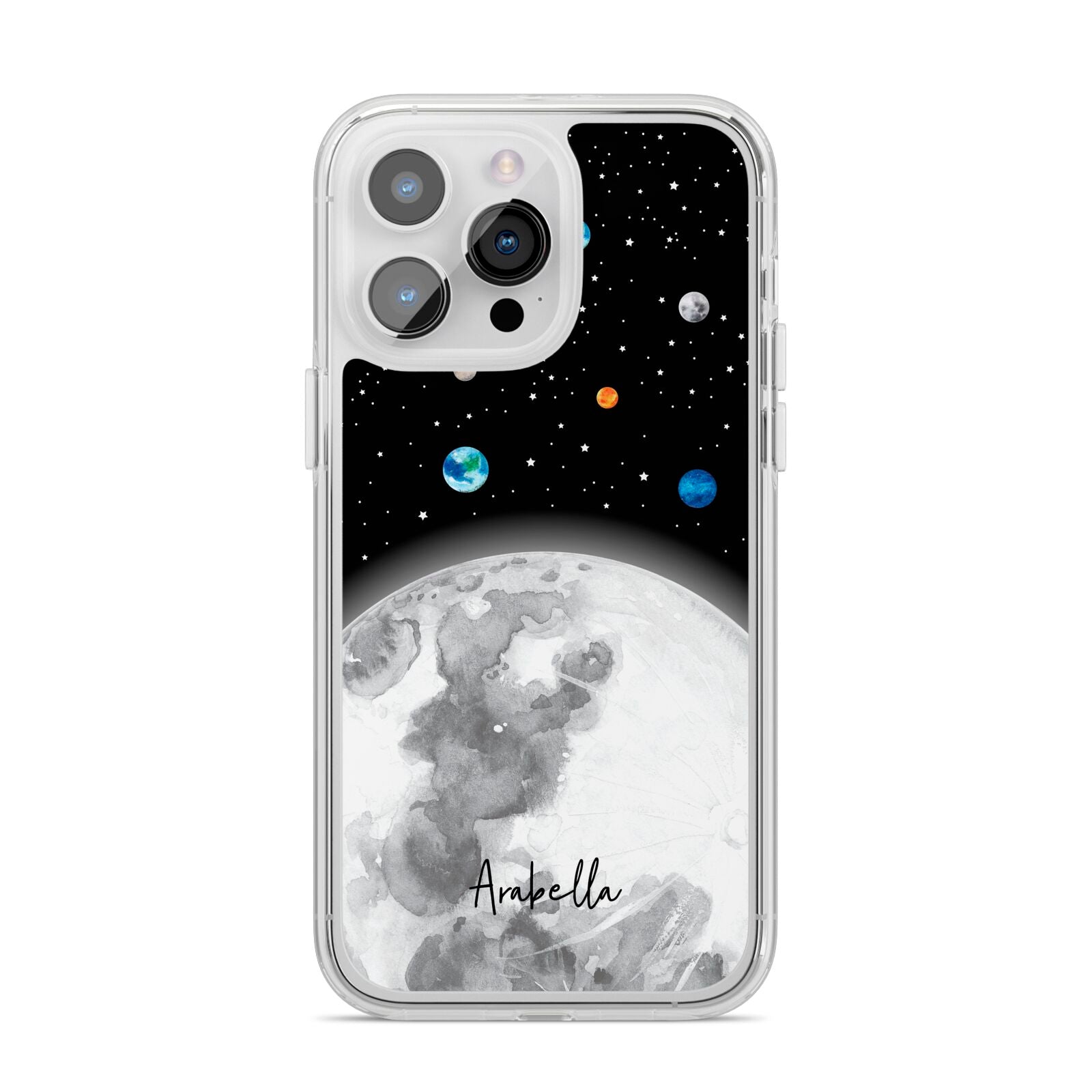 Watercolour Close up Moon with Name iPhone 14 Pro Max Clear Tough Case Silver