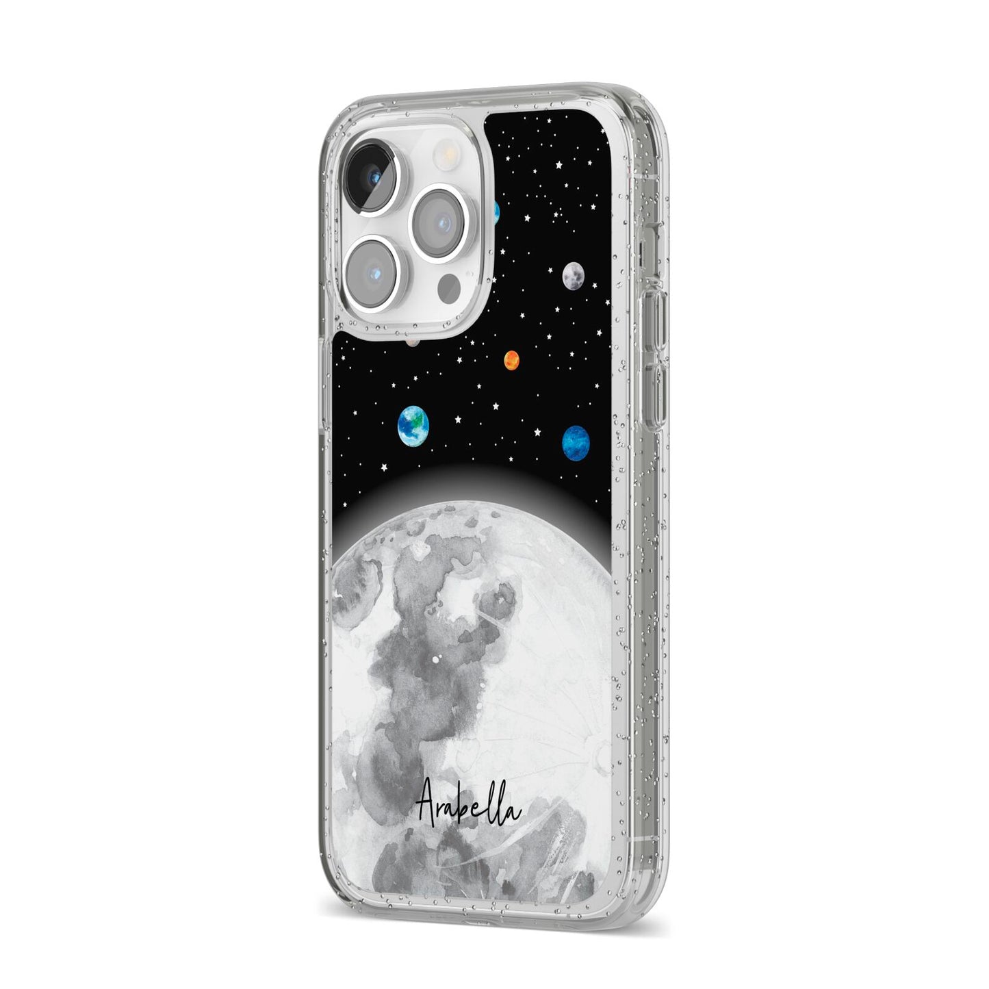 Watercolour Close up Moon with Name iPhone 14 Pro Max Glitter Tough Case Silver Angled Image
