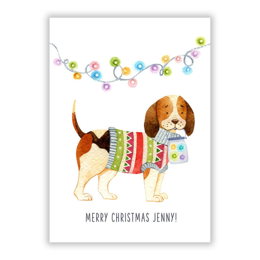 Watercolour Festive Beagle with Name A5 Flat Greetings Card