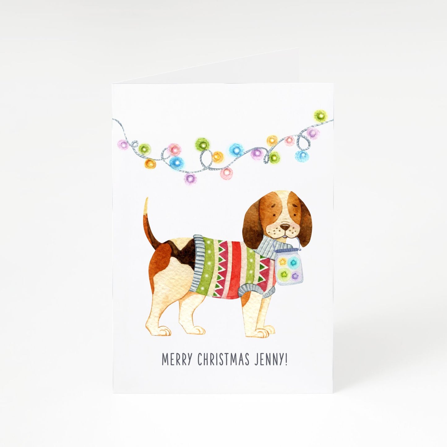 Watercolour Festive Beagle with Name A5 Greetings Card