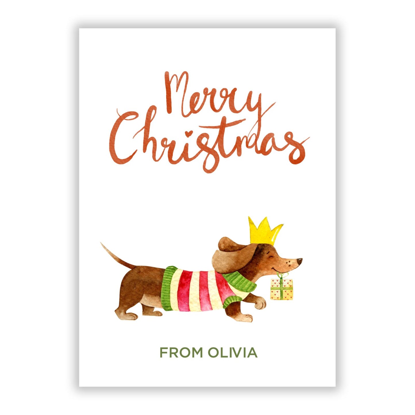 Watercolour Festive Dachsund with Name A5 Flat Greetings Card