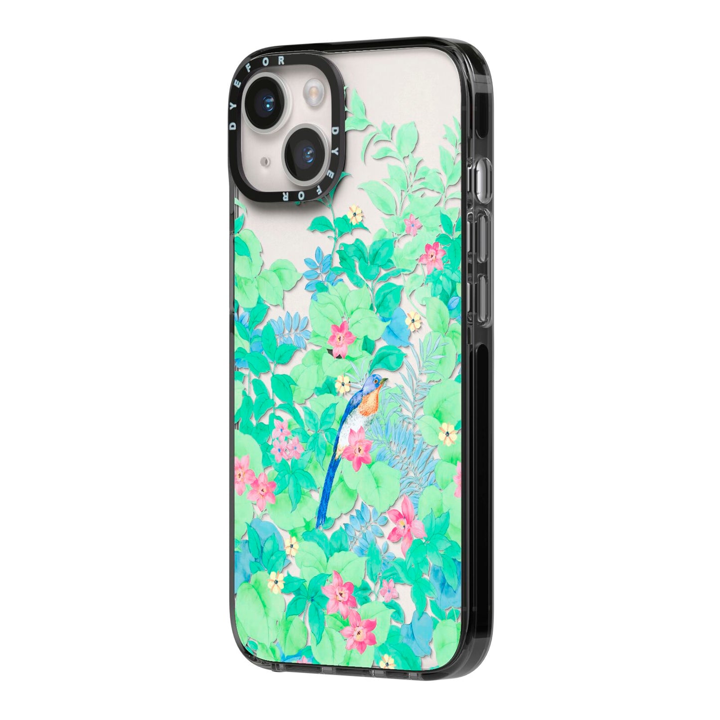 Watercolour Floral iPhone 14 Black Impact Case Side Angle on Silver phone