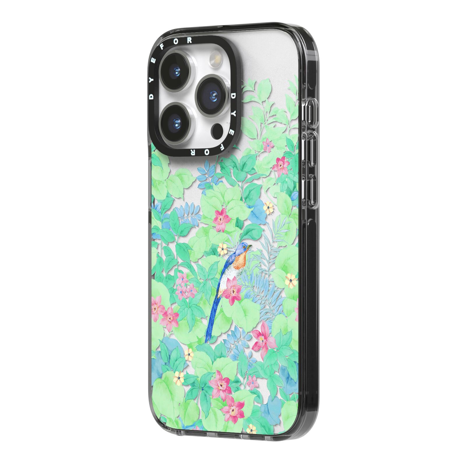 Watercolour Floral iPhone 14 Pro Black Impact Case Side Angle on Silver phone