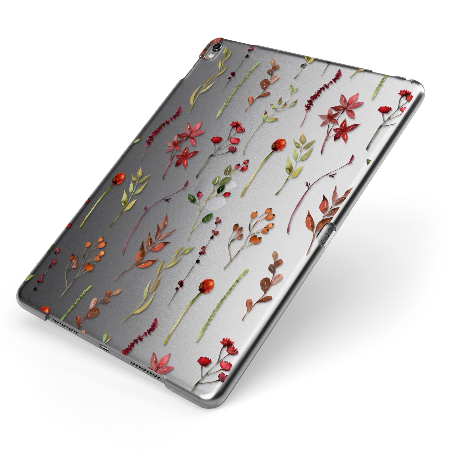 Clear Watercolour Flowers and Foliage Apple iPad Case on Grey iPad Side View