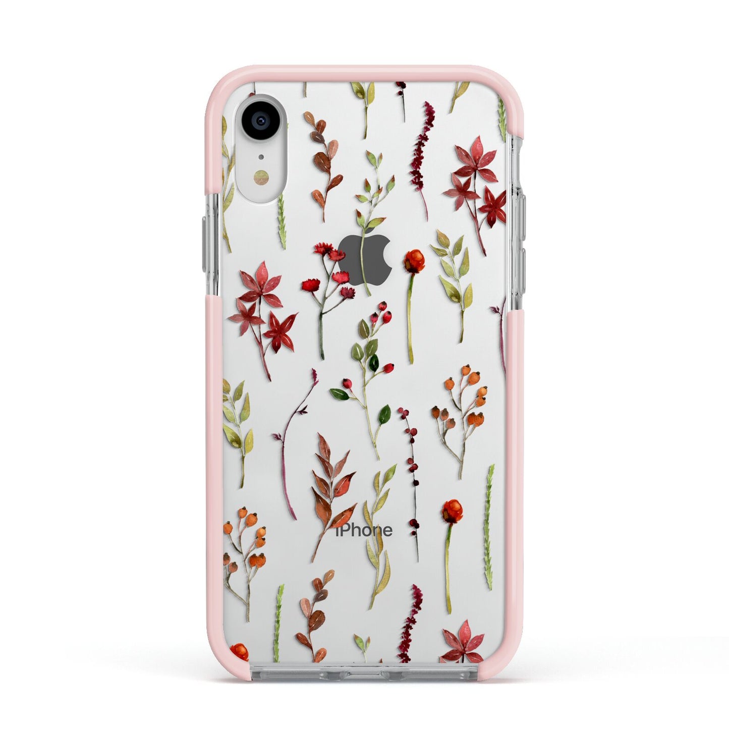 Watercolour Flowers and Foliage Apple iPhone XR Impact Case Pink Edge on Silver Phone