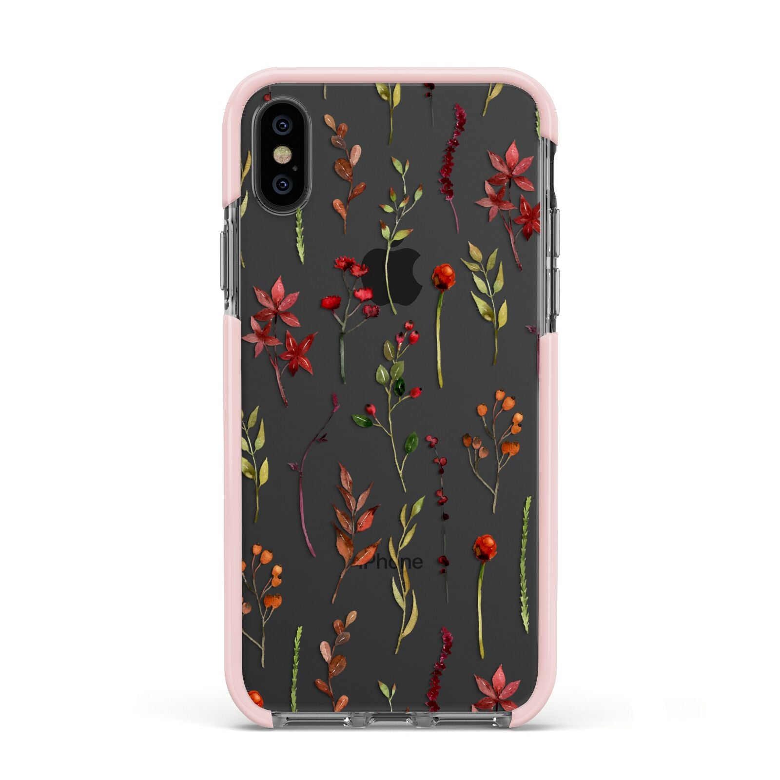 Watercolour Flowers and Foliage Apple iPhone Xs Impact Case Pink Edge on Black Phone