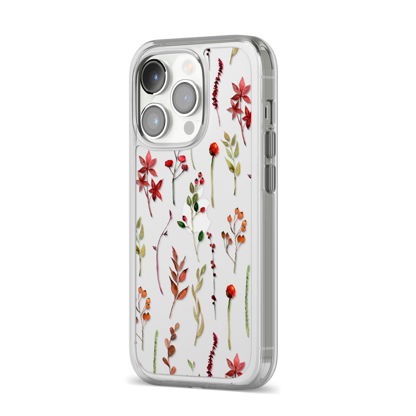 Watercolour Flowers and Foliage iPhone 14 Pro Clear Tough Case Silver Angled Image