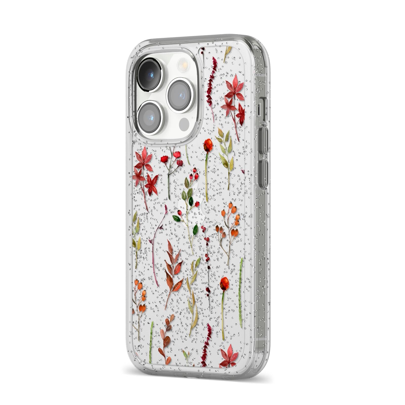 Watercolour Flowers and Foliage iPhone 14 Pro Glitter Tough Case Silver Angled Image