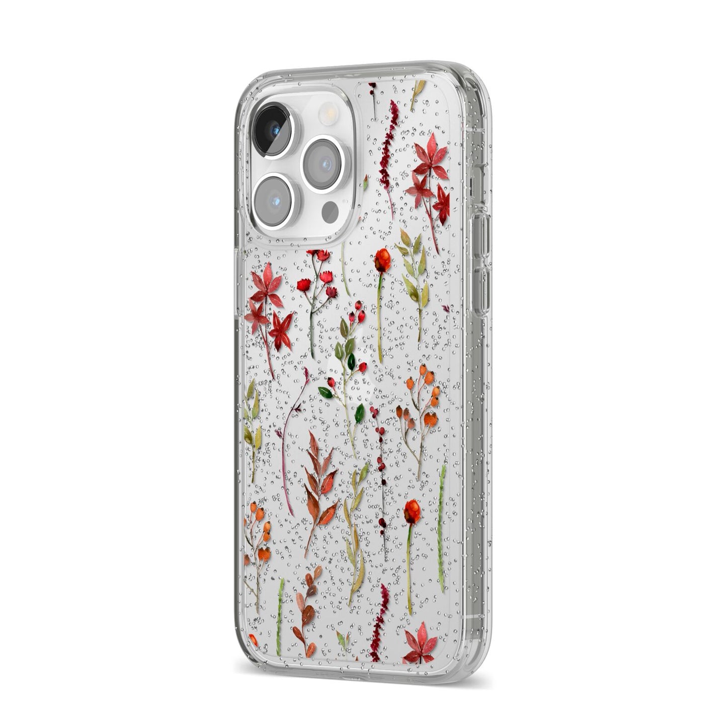 Watercolour Flowers and Foliage iPhone 14 Pro Max Glitter Tough Case Silver Angled Image