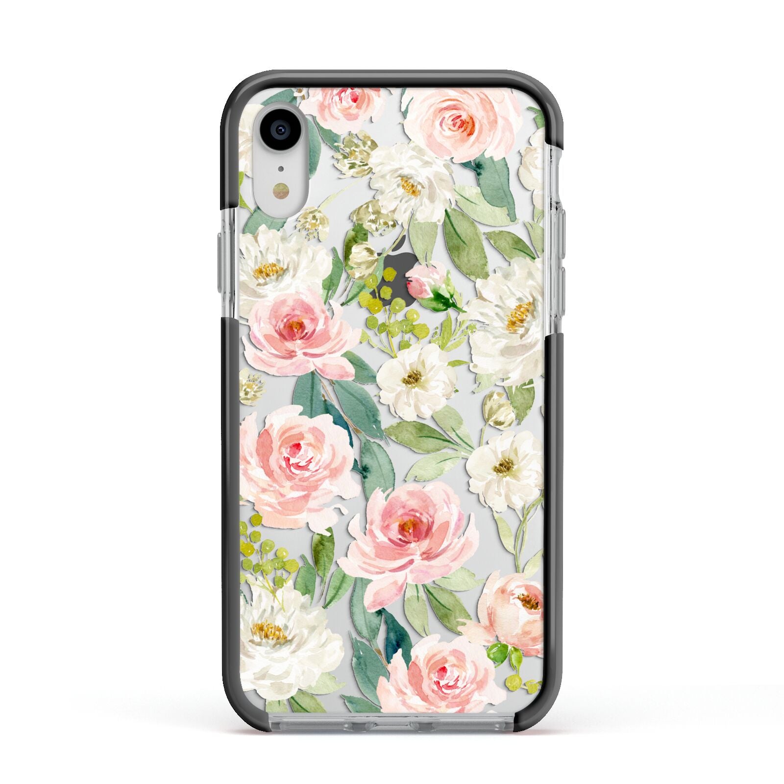 Watercolour Peonies Roses and Foliage Apple iPhone XR Impact Case Black Edge on Silver Phone