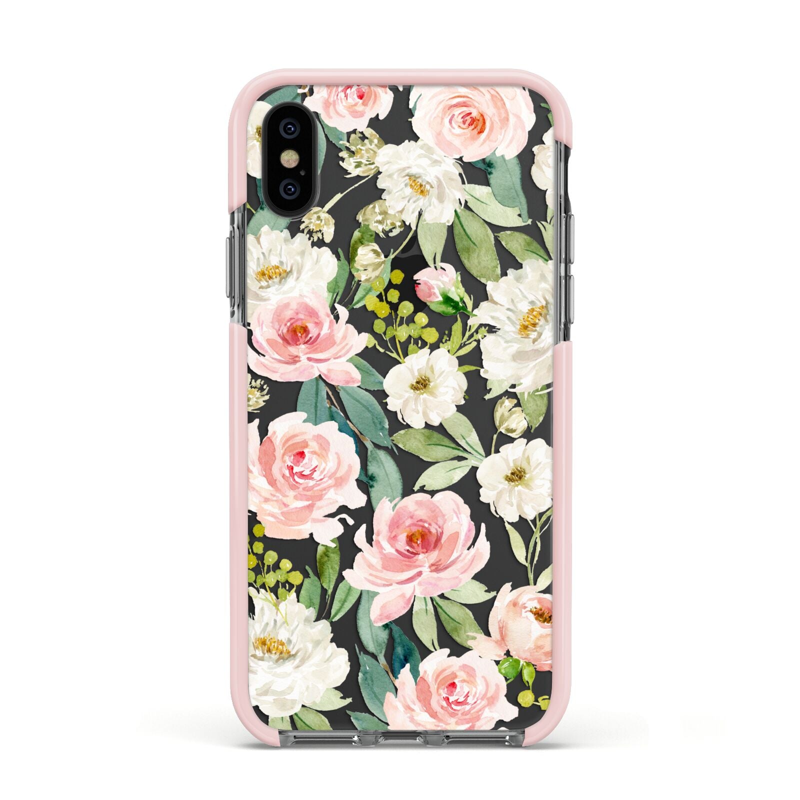 Watercolour Peonies Roses and Foliage Apple iPhone Xs Impact Case Pink Edge on Black Phone