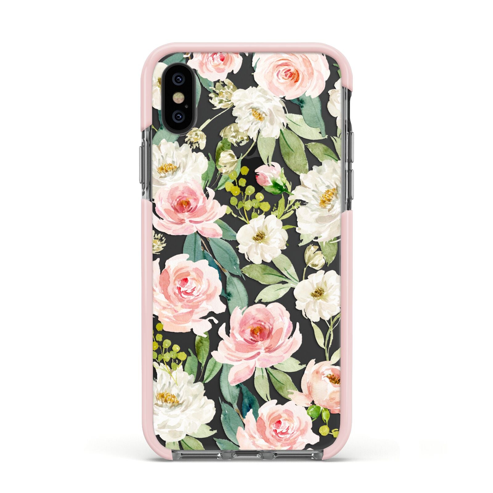 Watercolour Peonies Roses and Foliage Apple iPhone Xs Impact Case Pink Edge on Black Phone