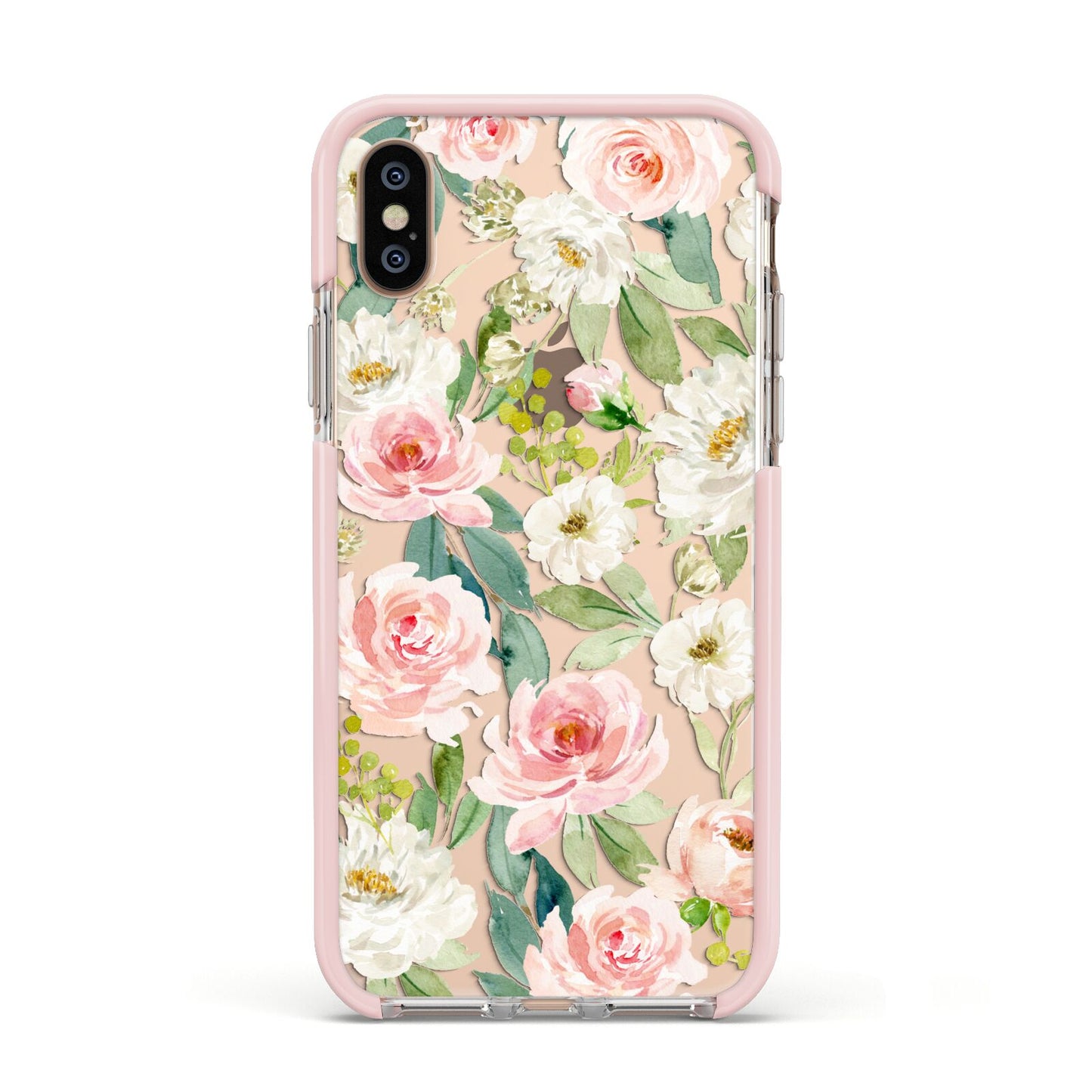 Watercolour Peonies Roses and Foliage Apple iPhone Xs Impact Case Pink Edge on Gold Phone