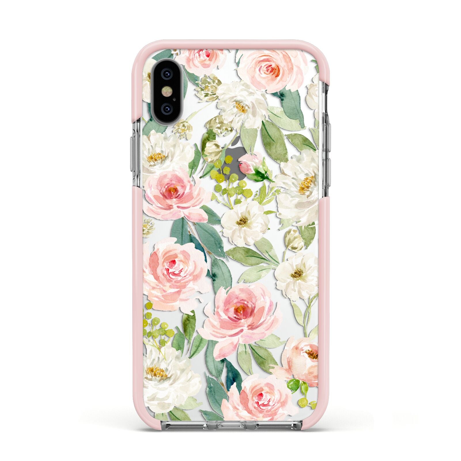 Watercolour Peonies Roses and Foliage Apple iPhone Xs Impact Case Pink Edge on Silver Phone