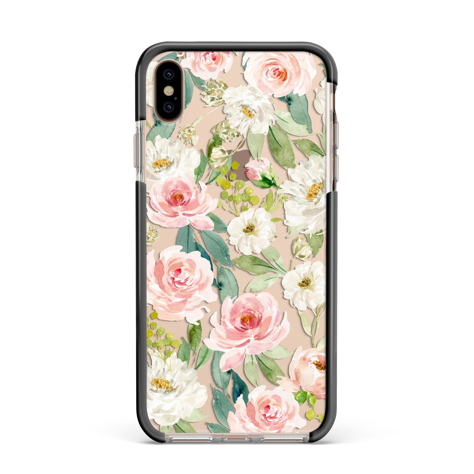Watercolour Peonies Roses and Foliage Apple iPhone Xs Max Impact Case Black Edge on Gold Phone