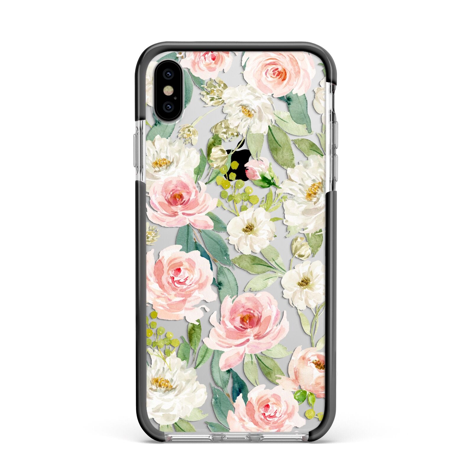 Watercolour Peonies Roses and Foliage Apple iPhone Xs Max Impact Case Black Edge on Silver Phone