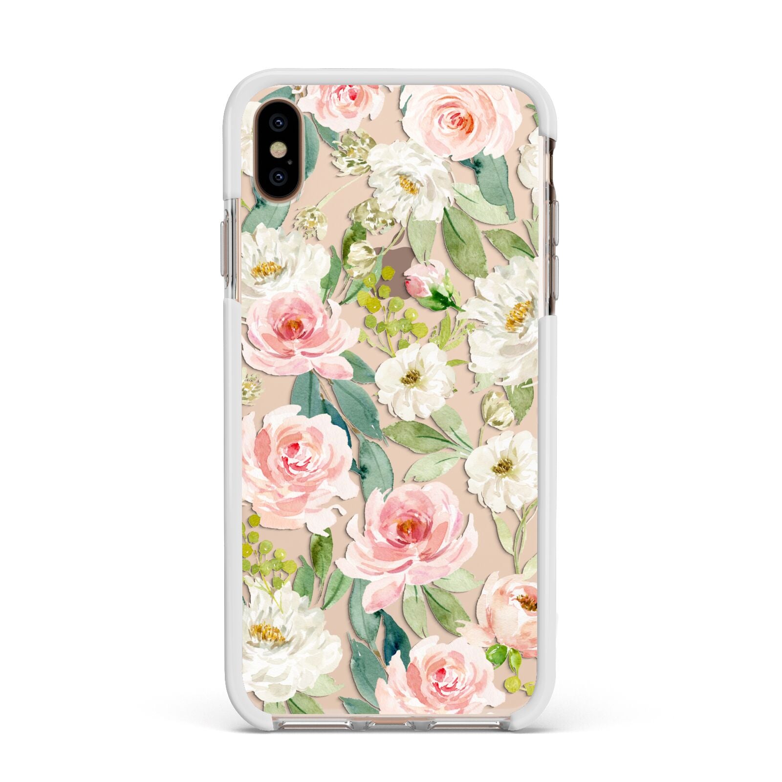 Watercolour Peonies Roses and Foliage Apple iPhone Xs Max Impact Case White Edge on Gold Phone