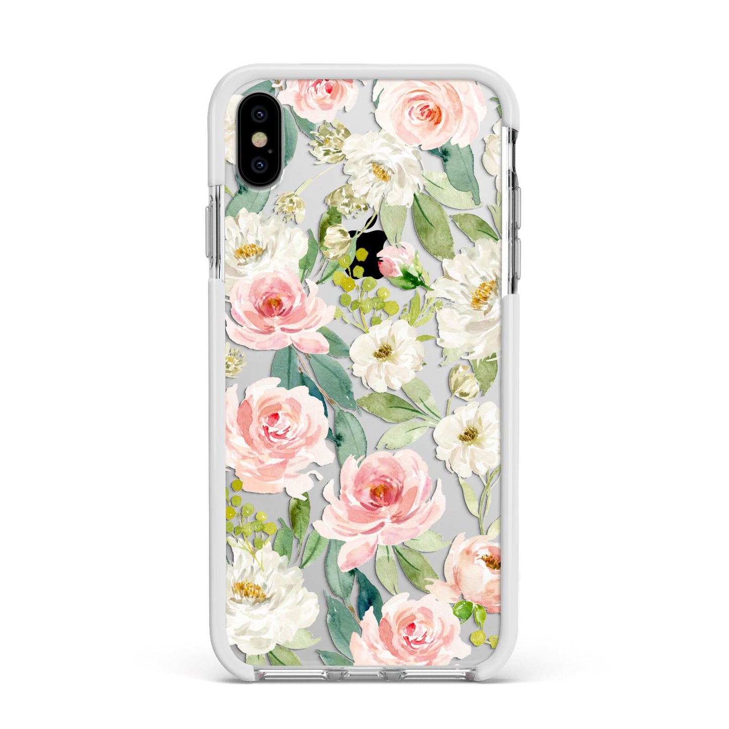 Watercolour Peonies Roses and Foliage Apple iPhone Xs Max Impact Case White Edge on Silver Phone