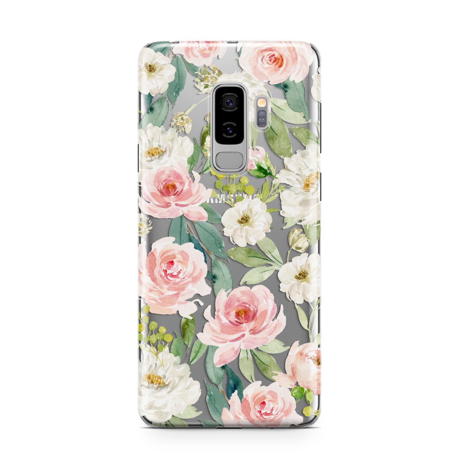 Watercolour Peonies Roses and Foliage Samsung Galaxy S9 Plus Case on Silver phone
