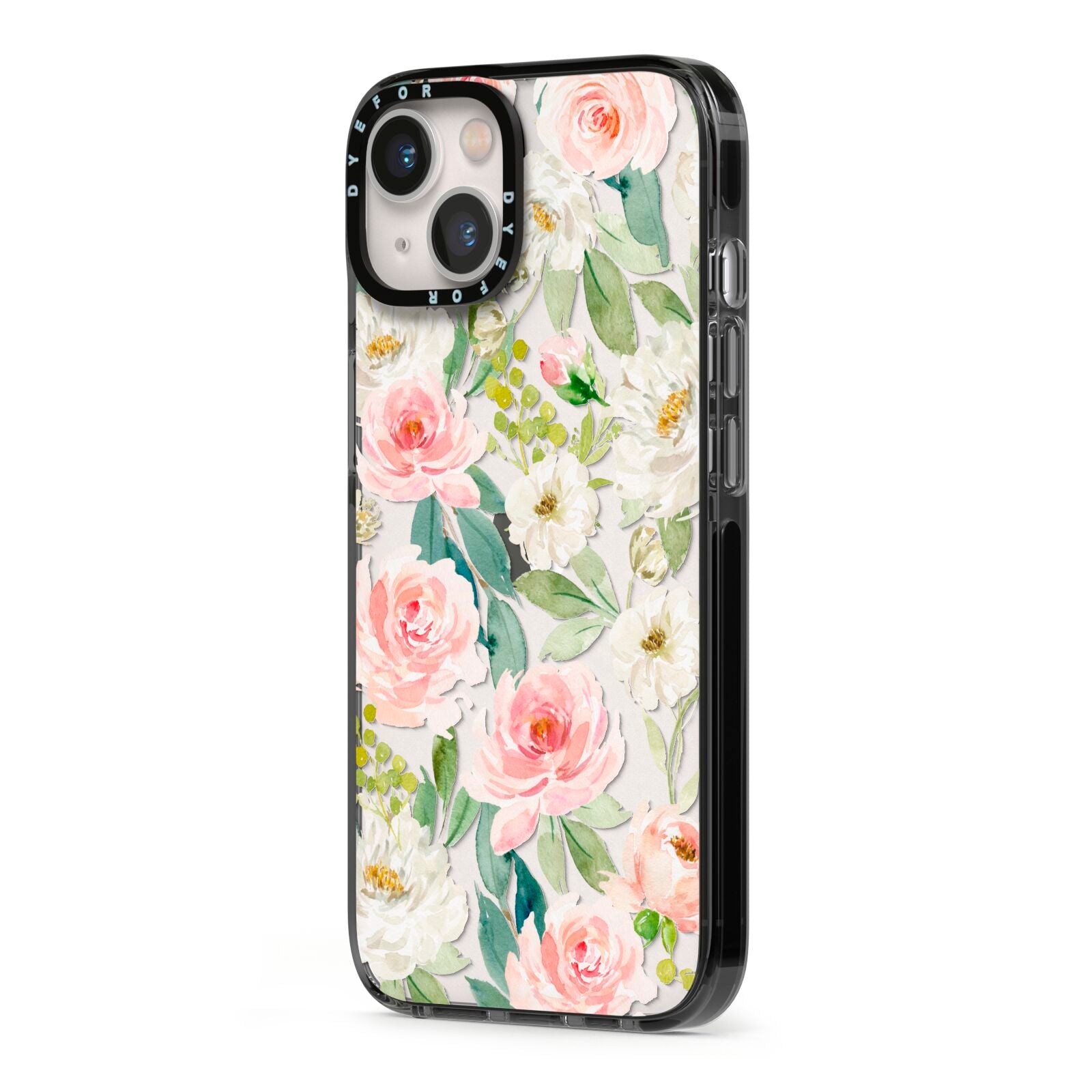 Watercolour Peonies Roses and Foliage iPhone 13 Black Impact Case Side Angle on Silver phone