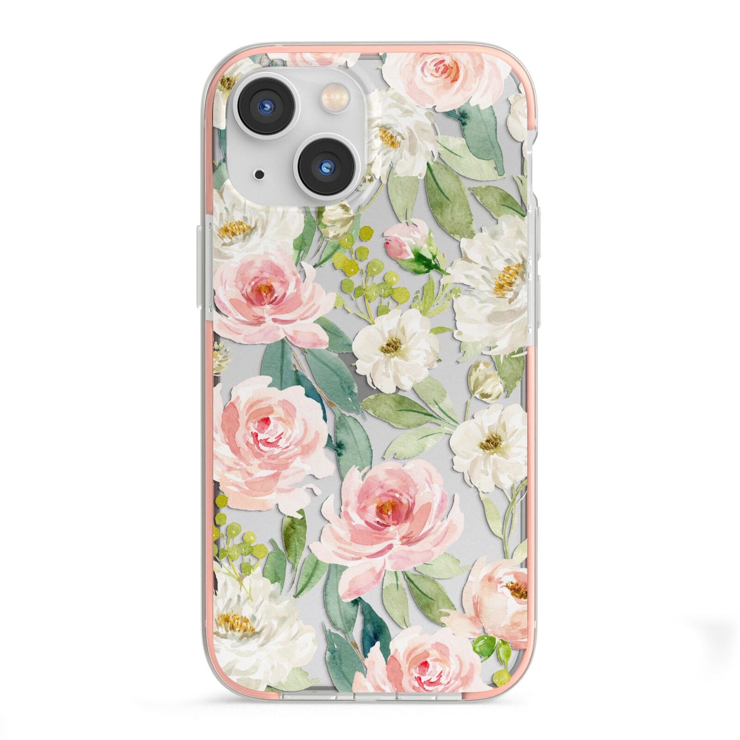 Watercolour Peonies Roses and Foliage iPhone 13 Mini TPU Impact Case with Pink Edges