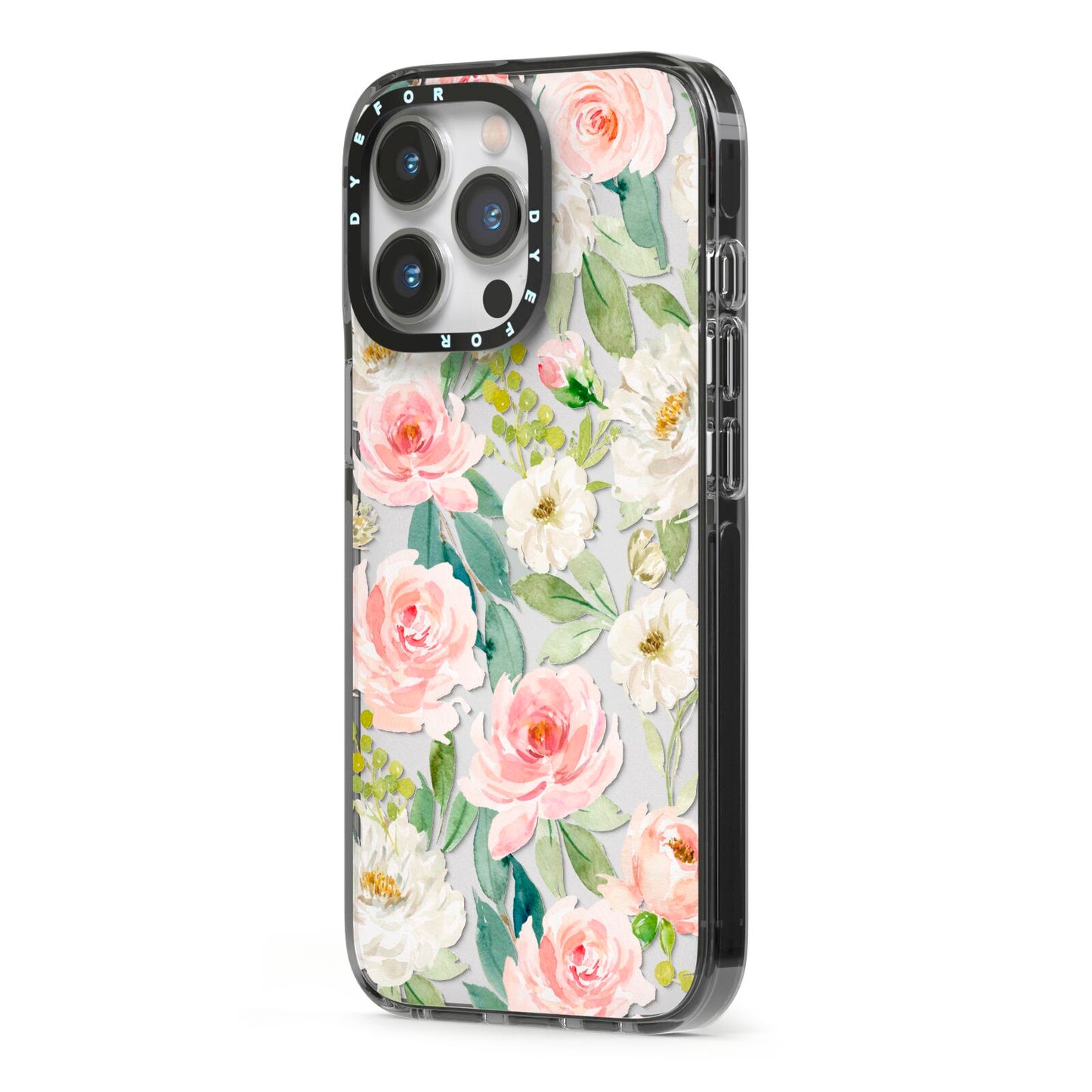Watercolour Peonies Roses and Foliage iPhone 13 Pro Black Impact Case Side Angle on Silver phone