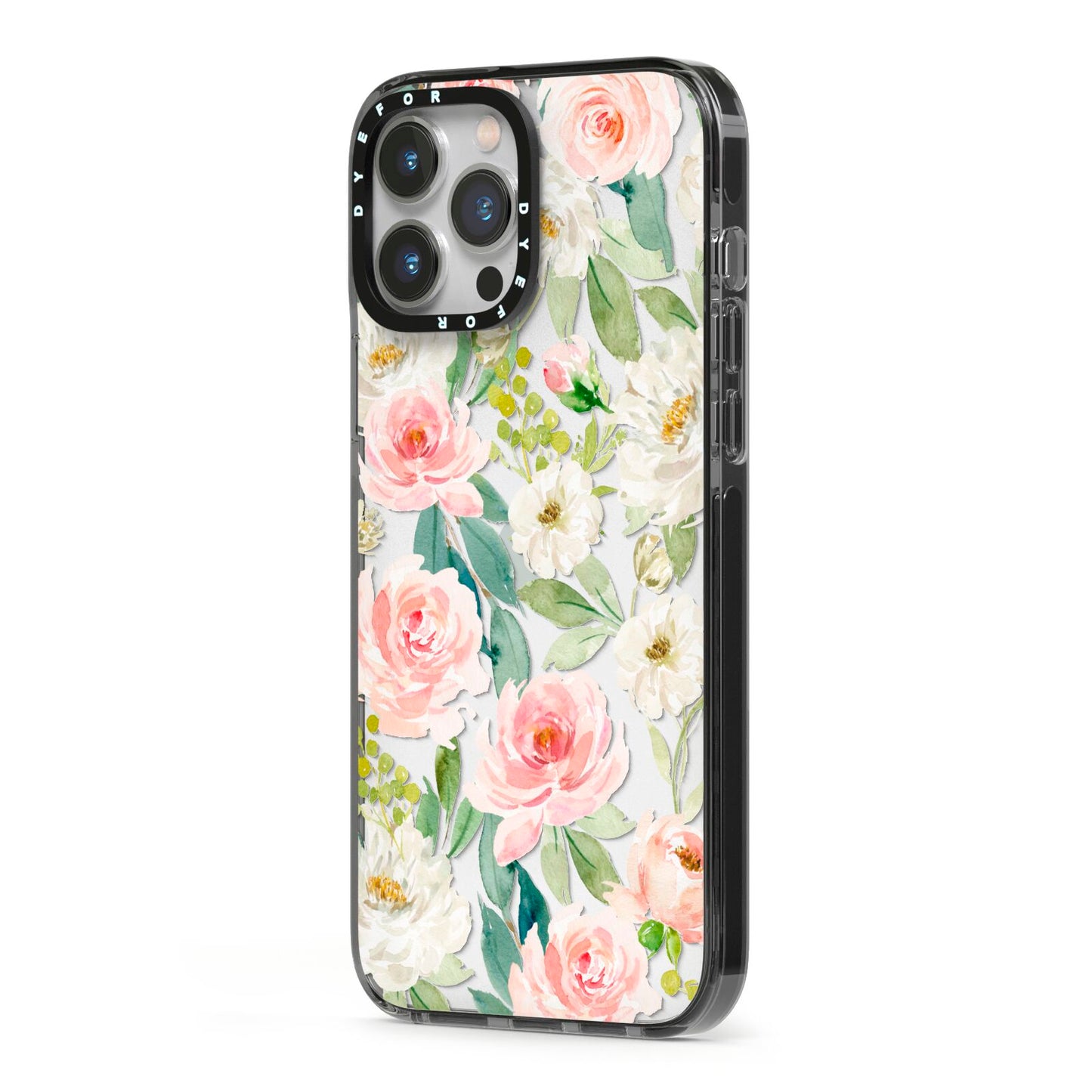 Watercolour Peonies Roses and Foliage iPhone 13 Pro Max Black Impact Case Side Angle on Silver phone
