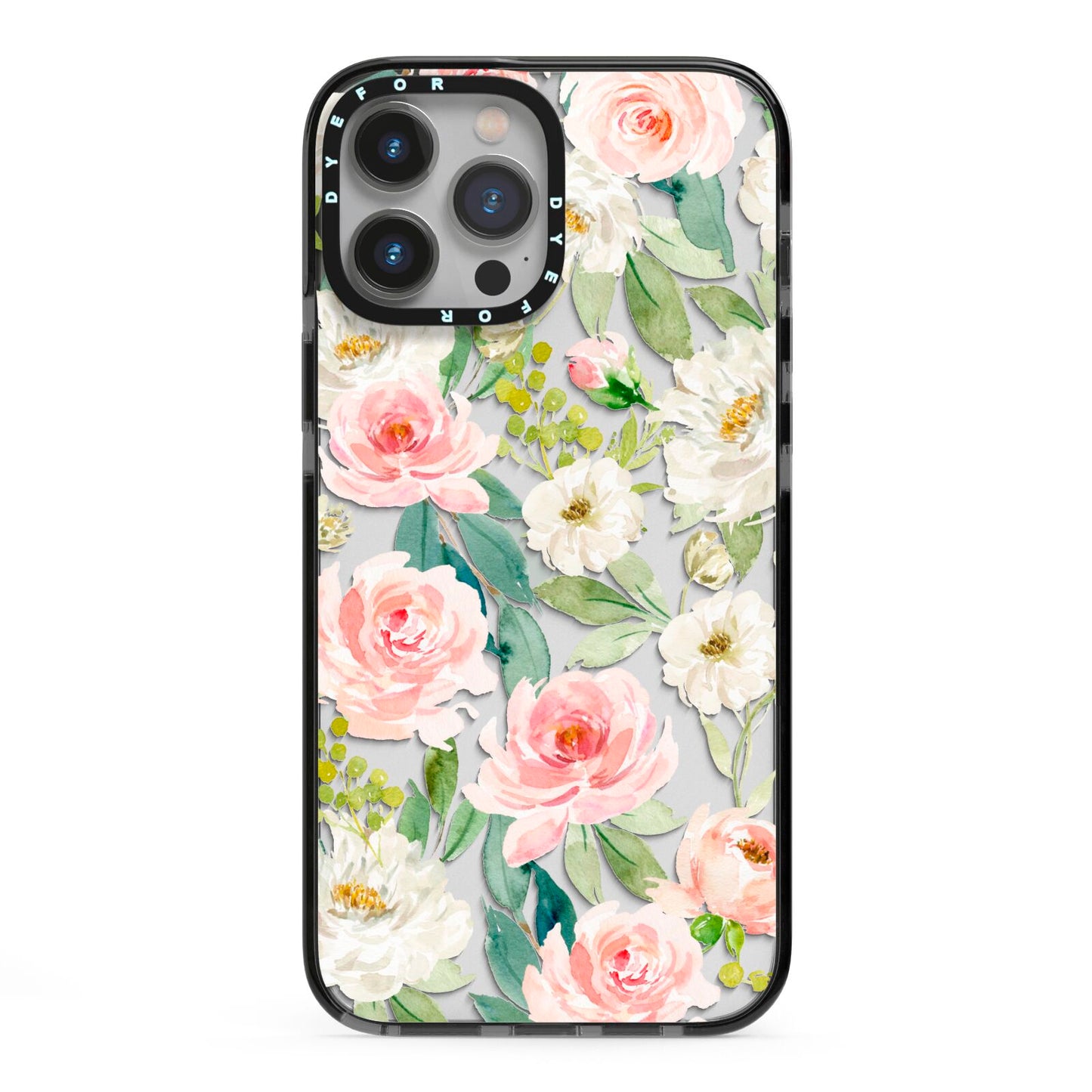 Watercolour Peonies Roses and Foliage iPhone 13 Pro Max Black Impact Case on Silver phone