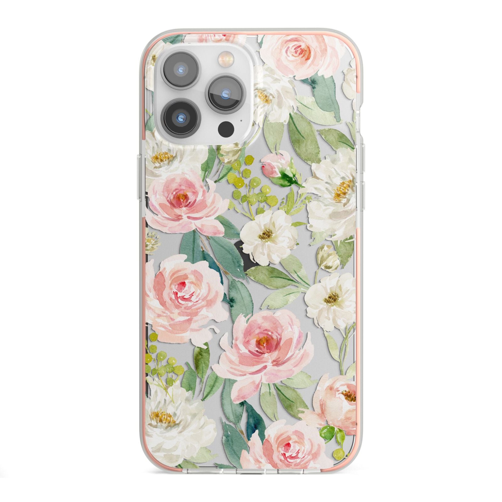 Watercolour Peonies Roses and Foliage iPhone 13 Pro Max TPU Impact Case with Pink Edges