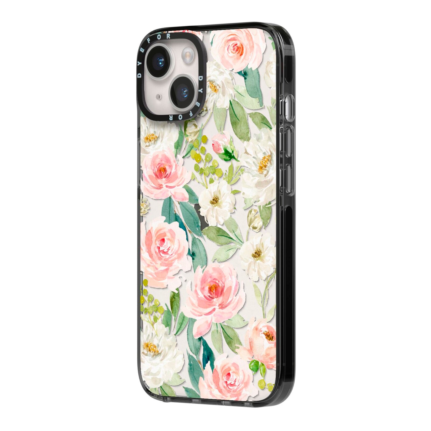 Watercolour Peonies Roses and Foliage iPhone 14 Black Impact Case Side Angle on Silver phone
