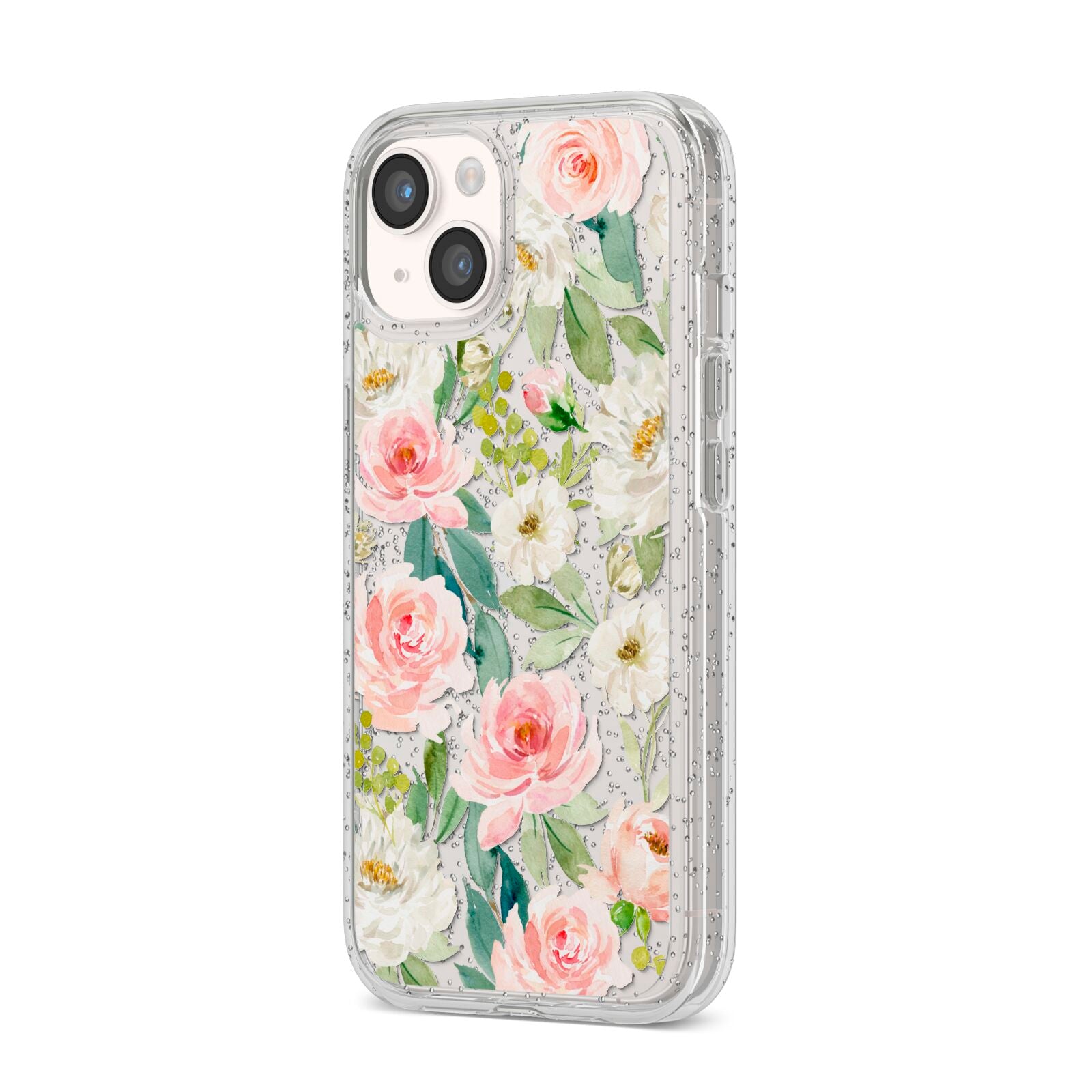 Watercolour Peonies Roses and Foliage iPhone 14 Glitter Tough Case Starlight Angled Image