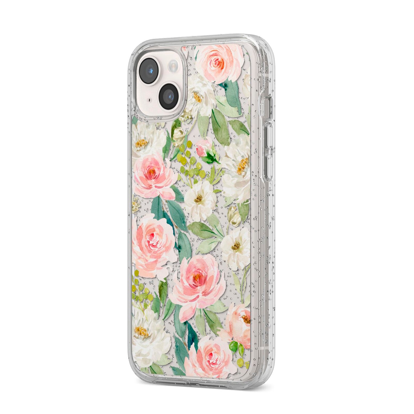 Watercolour Peonies Roses and Foliage iPhone 14 Plus Glitter Tough Case Starlight Angled Image