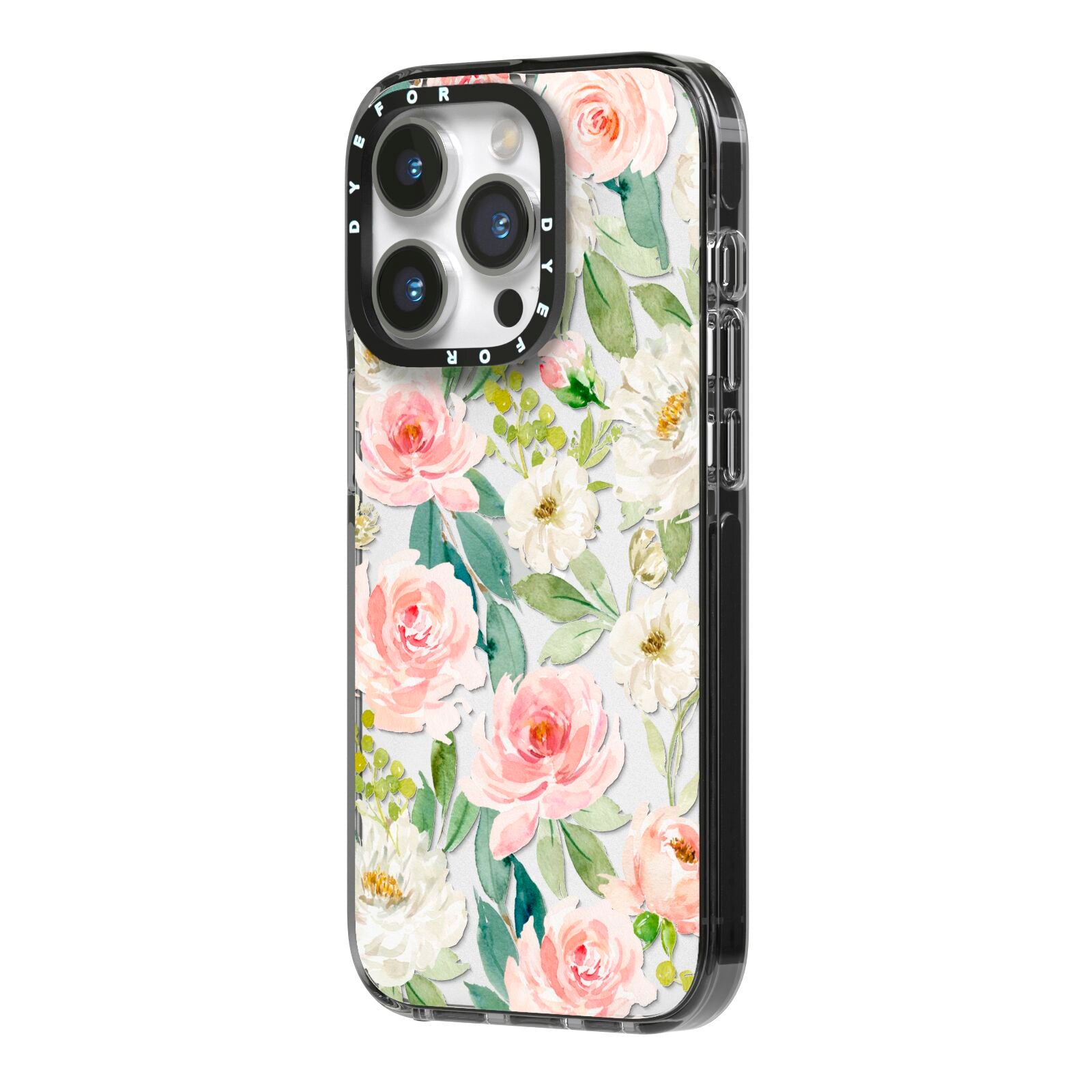 Watercolour Peonies Roses and Foliage iPhone 14 Pro Black Impact Case Side Angle on Silver phone