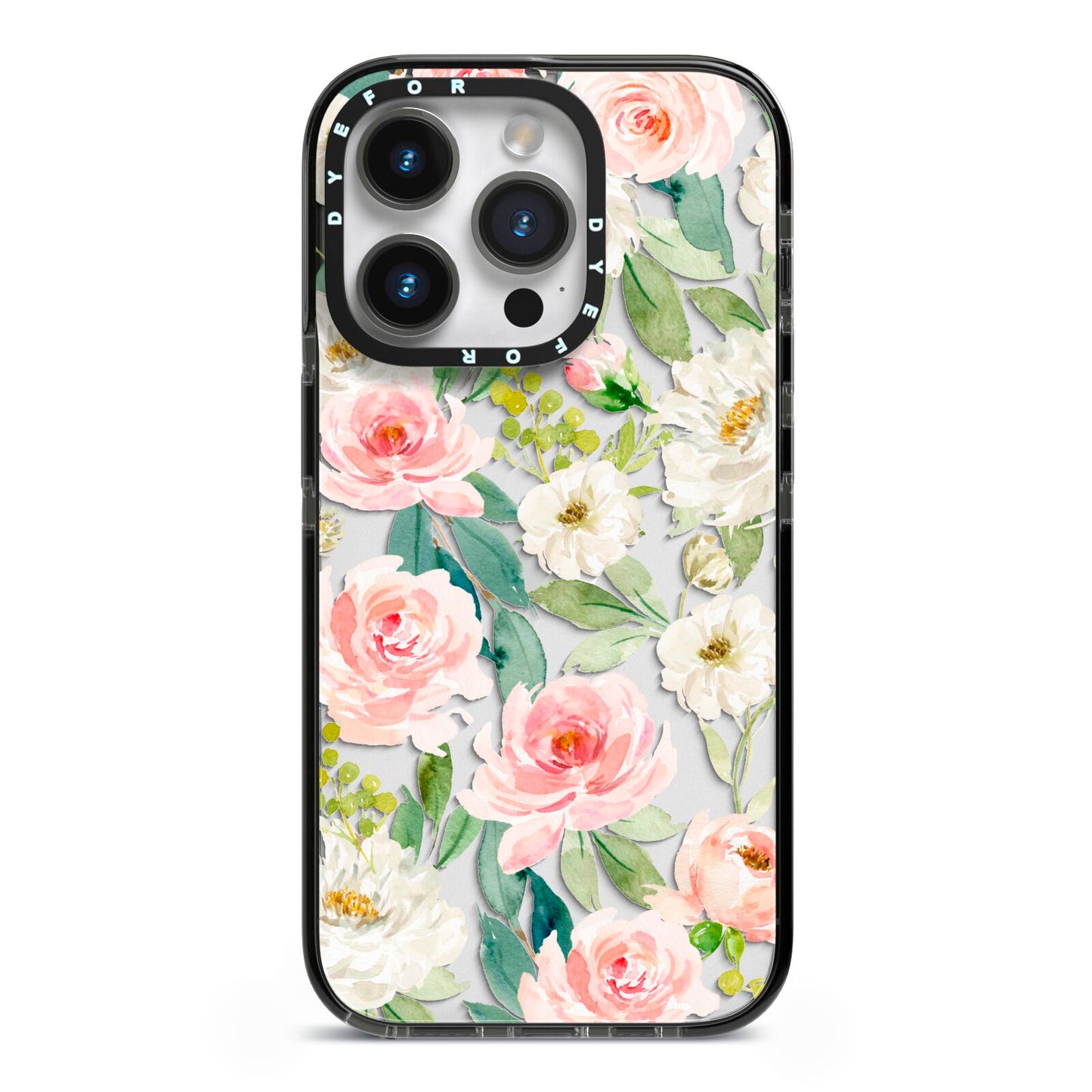 Watercolour Peonies Roses and Foliage iPhone 14 Pro Black Impact Case on Silver phone