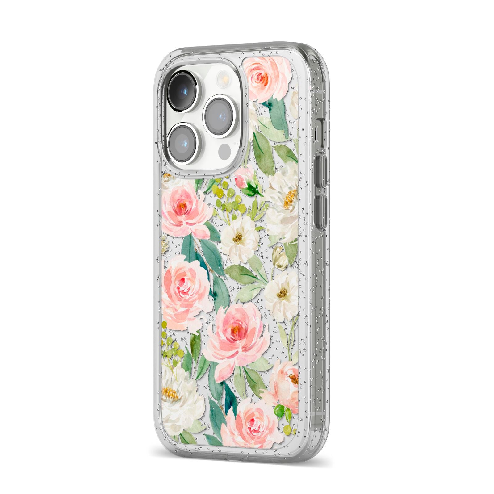 Watercolour Peonies Roses and Foliage iPhone 14 Pro Glitter Tough Case Silver Angled Image